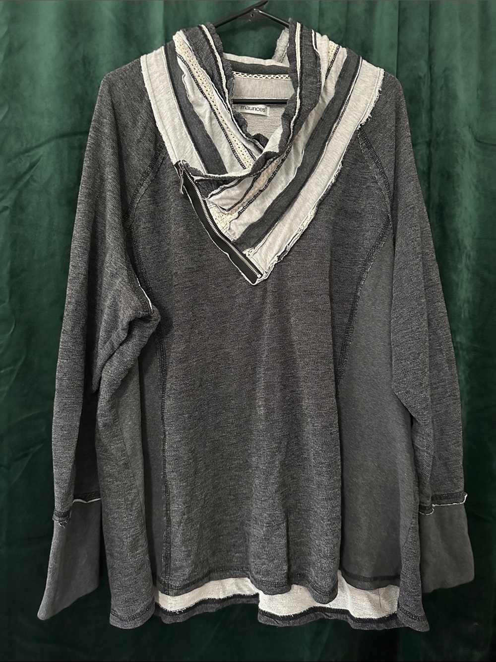 Zippered Distressed Stripe Crotchet Accent Pullover - Charcoal & Ivory